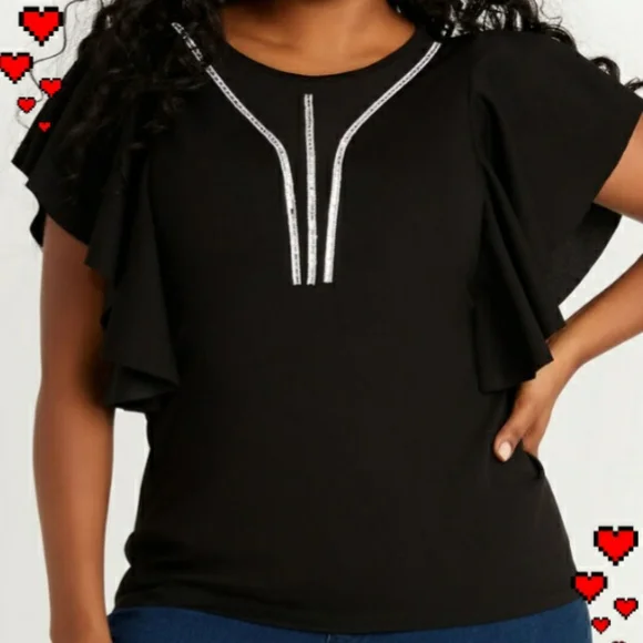 Ashley Stewart Black Rhinestone Trim Top Size 26/28 - Picture 1 of 6